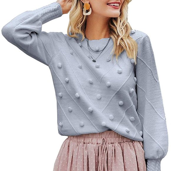 Women's Crew Neck Lantern Sleeve Sweater Pullover Crew Scoop Necks